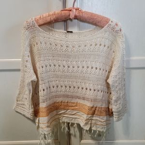 Free People Womens Crochet Fringe Top Sweater XS Cream Embroidered Boho